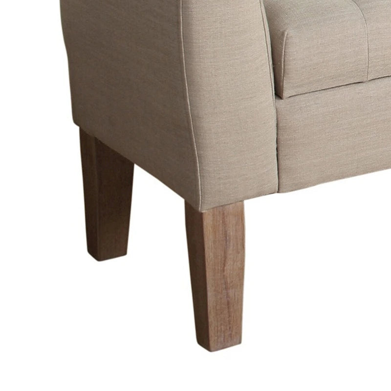 Banco de madera tapizado en tela con almacenamiento bajo la tapa elevable con botones capitoné, beige