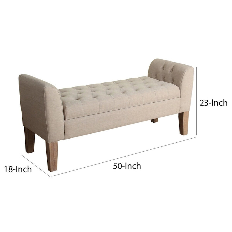 Banc en bois rembourré de tissu avec rangement à couvercle relevable capitonné, beige