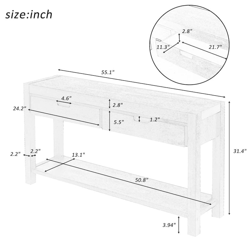 Table console d’entrée pour couloir ou salon avec 2 tiroirs et 1 étagère