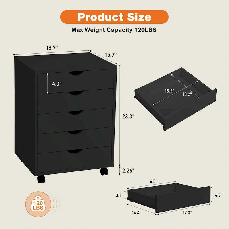Commode à 5 tiroirs - Armoires de rangement et commodes en bois avec roulettes, organiseur mobile à tiroirs pour le bureau
