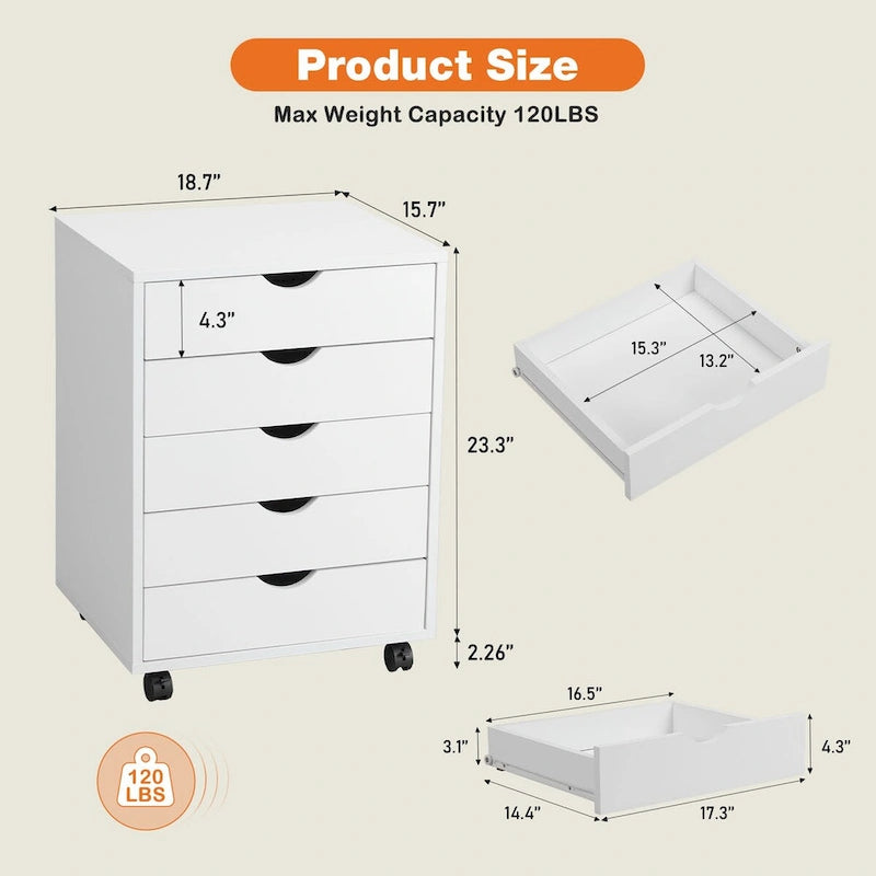 Commode à 5 tiroirs - Armoires de rangement et commodes en bois avec roulettes, organiseur mobile à tiroirs pour le bureau