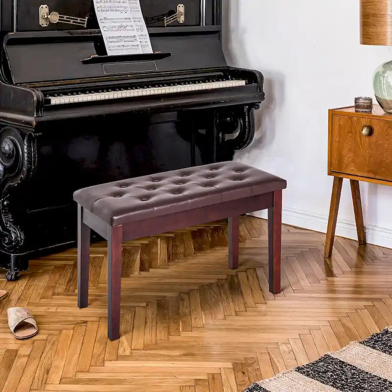 Banco de cuero sintético con capitoné de botones, almacenamiento y estructura de madera