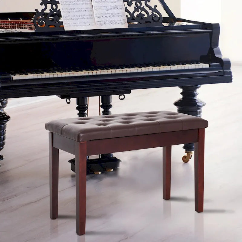 Banco de cuero sintético con capitoné de botones, almacenamiento y estructura de madera