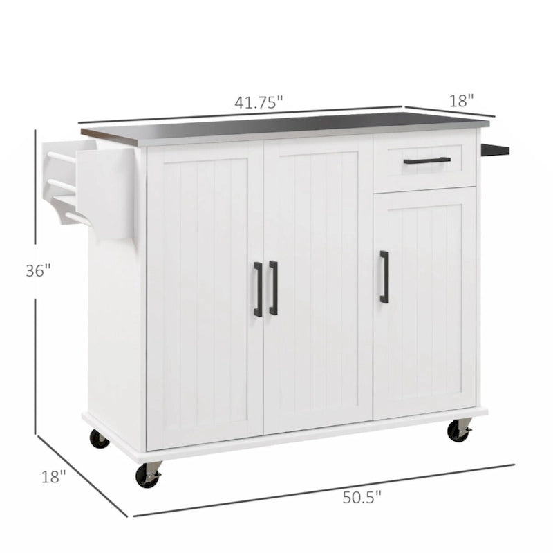 Îlot de cuisine avec rangement, sur roulettes, avec tiroir, 3 armoires, porte-épices et porte-serviettes, blanc