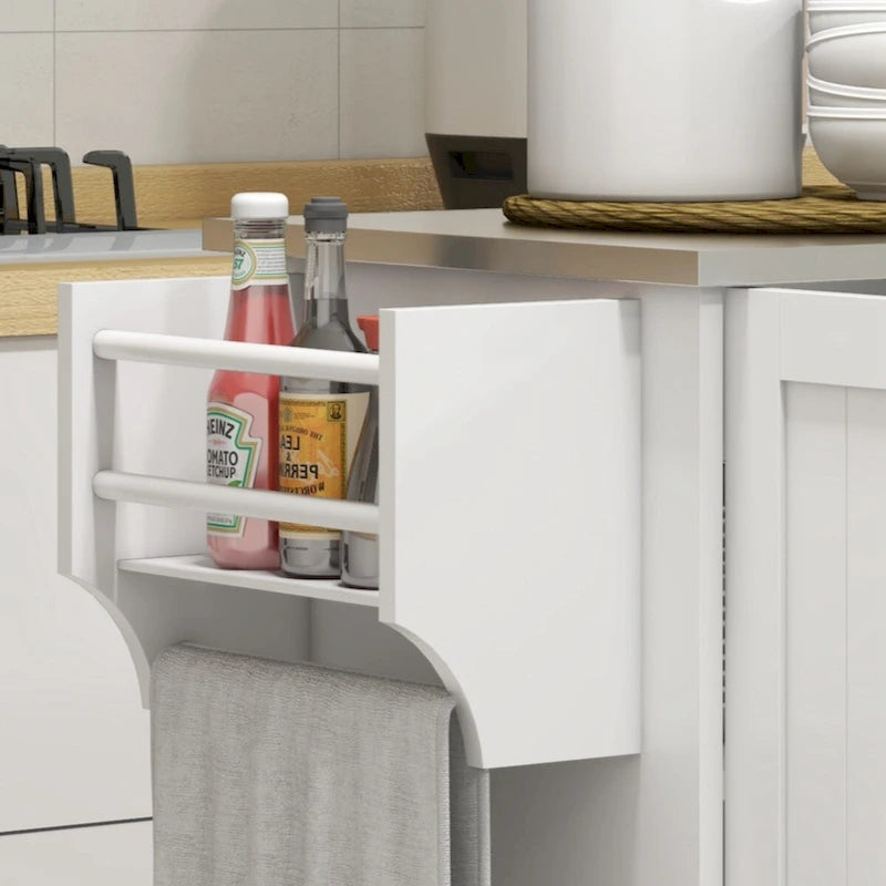 Îlot de cuisine avec rangement, sur roulettes, avec tiroir, 3 armoires, porte-épices et porte-serviettes, blanc