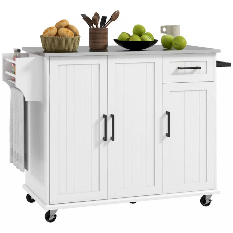 Îlot de cuisine avec rangement, sur roulettes, avec tiroir, 3 armoires, porte-épices et porte-serviettes, blanc