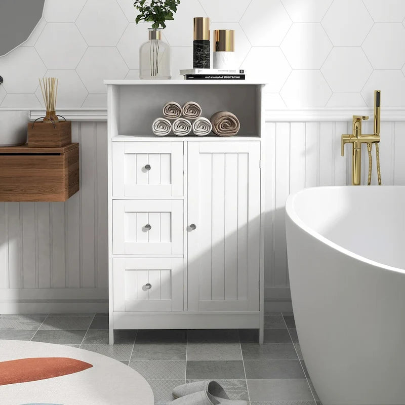 Armoire de rangement blanche pour salle de bain, à poser au sol, avec 3 tiroirs et 1 porte