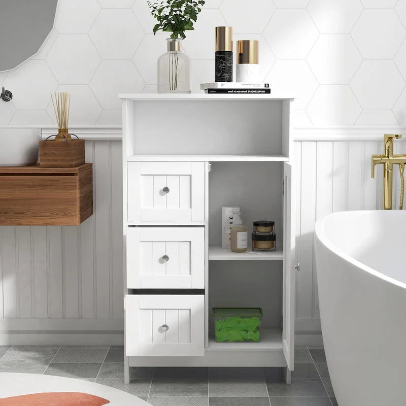 Armoire de rangement blanche pour salle de bain, à poser au sol, avec 3 tiroirs et 1 porte