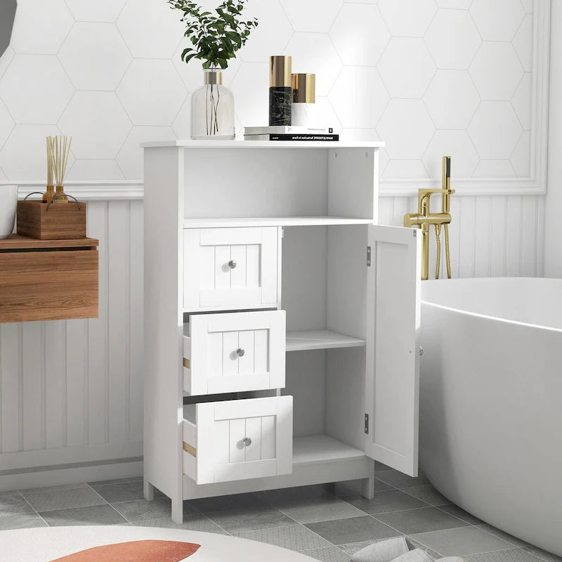 Armoire de rangement blanche pour salle de bain, à poser au sol, avec 3 tiroirs et 1 porte