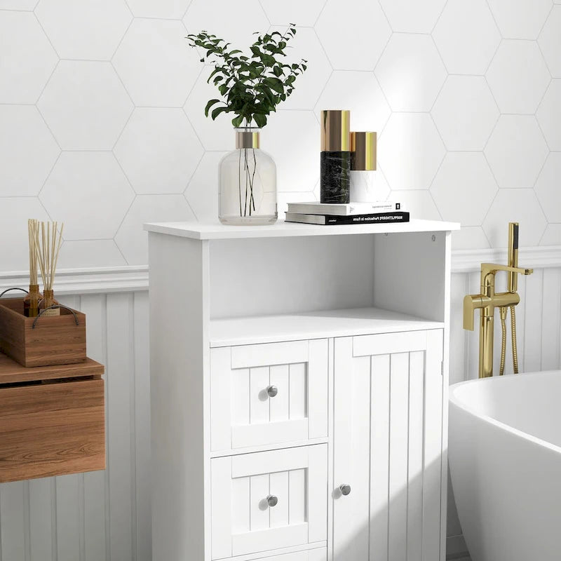 Armoire de rangement blanche pour salle de bain, à poser au sol, avec 3 tiroirs et 1 porte