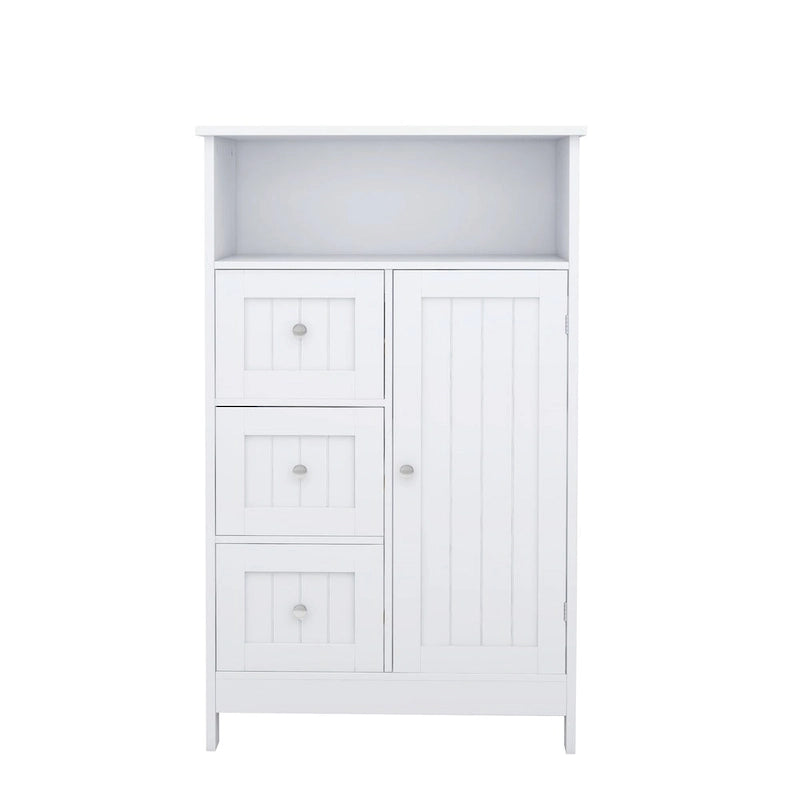 Armoire de rangement blanche pour salle de bain, à poser au sol, avec 3 tiroirs et 1 porte