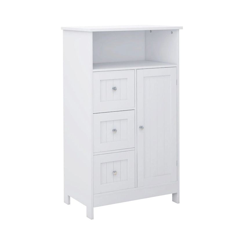 Armoire de rangement blanche pour salle de bain, à poser au sol, avec 3 tiroirs et 1 porte