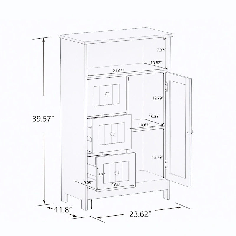 Armoire de rangement blanche pour salle de bain, à poser au sol, avec 3 tiroirs et 1 porte