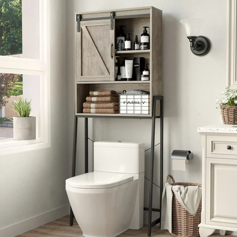 Meuble de rangement au-dessus des toilettes, organisateur de salle de bain avec porte coulissante de style grange et étagères réglables, étagère de rangement - Voir l’image