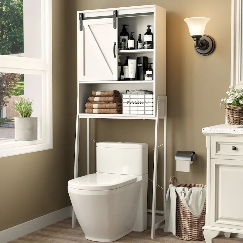 Meuble de rangement au-dessus des toilettes, organisateur de salle de bain avec porte coulissante de style grange et étagères réglables, étagère de rangement - Voir l’image