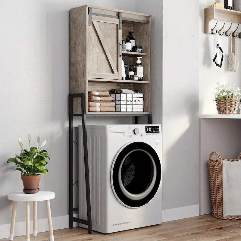 Meuble de rangement au-dessus des toilettes, organisateur de salle de bain avec porte coulissante de style grange et étagères réglables, étagère de rangement - Voir l’image