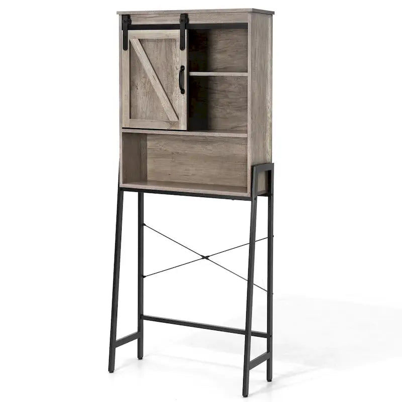 Meuble de rangement au-dessus des toilettes, organisateur de salle de bain avec porte coulissante de style grange et étagères réglables, étagère de rangement - Voir l’image