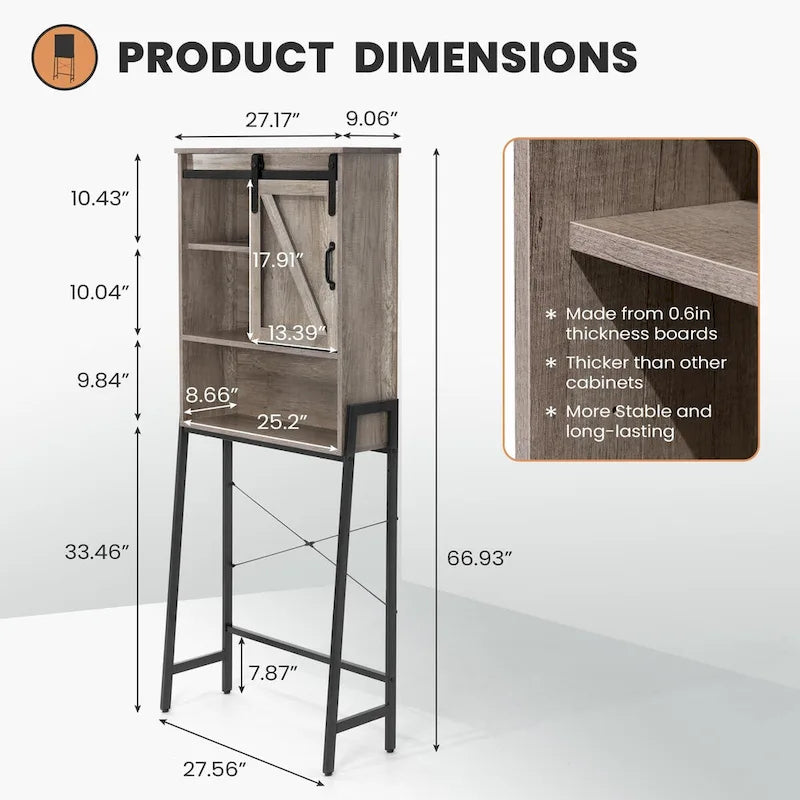 Meuble de rangement au-dessus des toilettes, organisateur de salle de bain avec porte coulissante de style grange et étagères réglables, étagère de rangement - Voir l’image