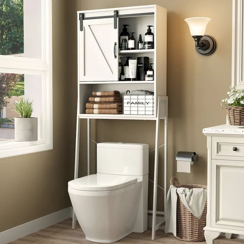 Meuble de rangement au-dessus des toilettes, organisateur de salle de bain avec porte coulissante de style grange et étagères réglables, étagère de rangement - Voir l’image