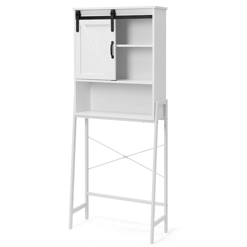 Meuble de rangement au-dessus des toilettes, organisateur de salle de bain avec porte coulissante de style grange et étagères réglables, étagère de rangement - Voir l’image