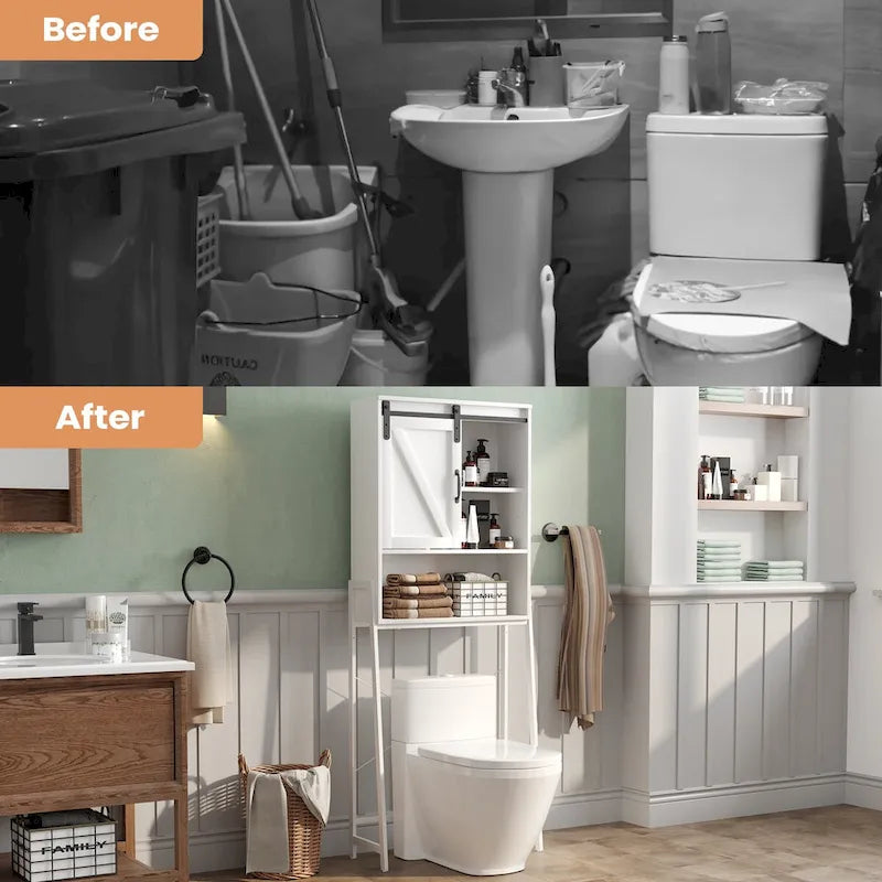 Meuble de rangement au-dessus des toilettes, organisateur de salle de bain avec porte coulissante de style grange et étagères réglables, étagère de rangement - Voir l’image