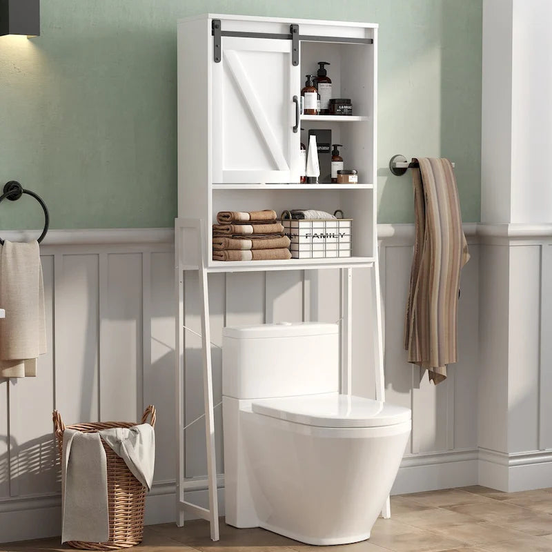 Meuble de rangement au-dessus des toilettes, organisateur de salle de bain avec porte coulissante de style grange et étagères réglables, étagère de rangement - Voir l’image