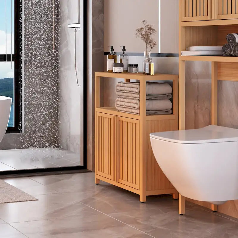 Armario de madera para baño de 32 de alto con 2 puertas, en tono neutro y estante interior
