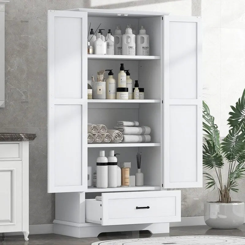 Armario alto de almacenamiento para baño con 2 puertas y 1 cajón, estante ajustable