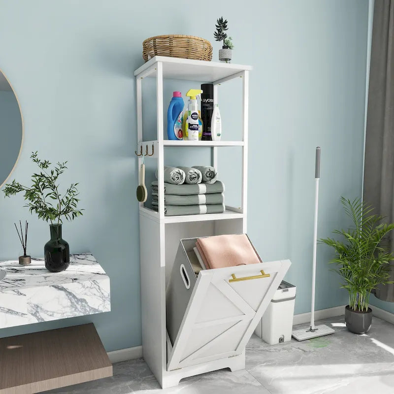 Meuble de rangement pour salle de bain et panier à linge basculant à 3 niveaux