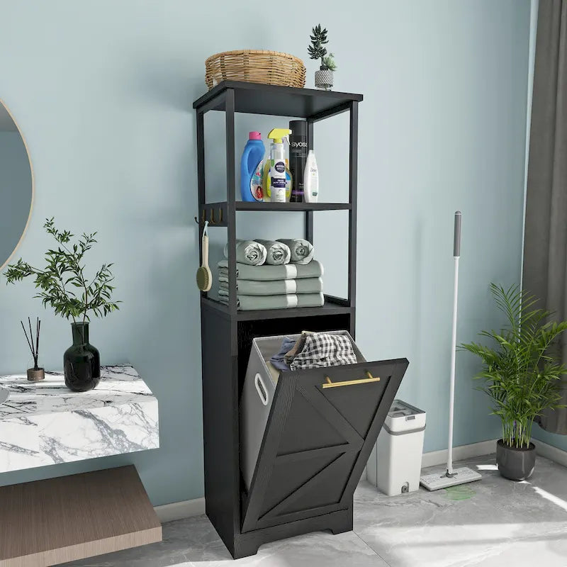 Cesto para ropa con apertura inclinable de 3 niveles, armario estantería de almacenamiento para baño